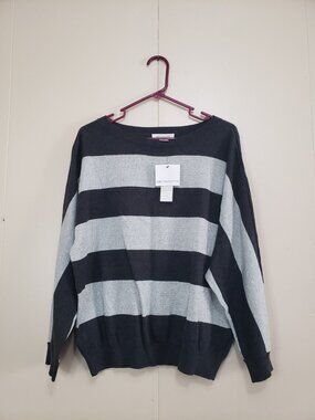 Liz Claiborne Women XL Sweater Sparkly Dark Charcoal Silver Stripe Oversized NWT